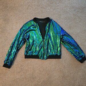 💙💚 Allegra K Blue/Green Sequin Bomber Jacket – Size S 💙💚